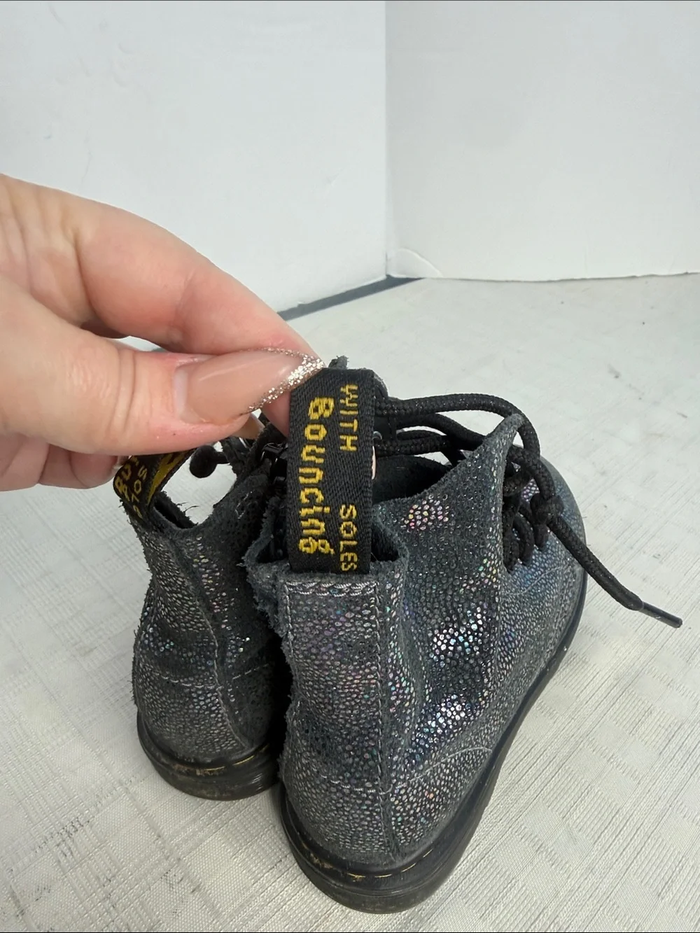 Dr. Martens Pascal Lace Up Boots Black Suede Outer Iridescent Foil Kids Girls 11